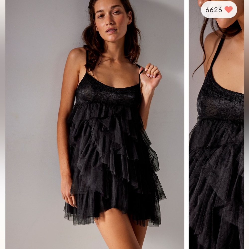 Free People After Midnight Babydoll Tulle Ruffles Tiered Mini Slip Dress
